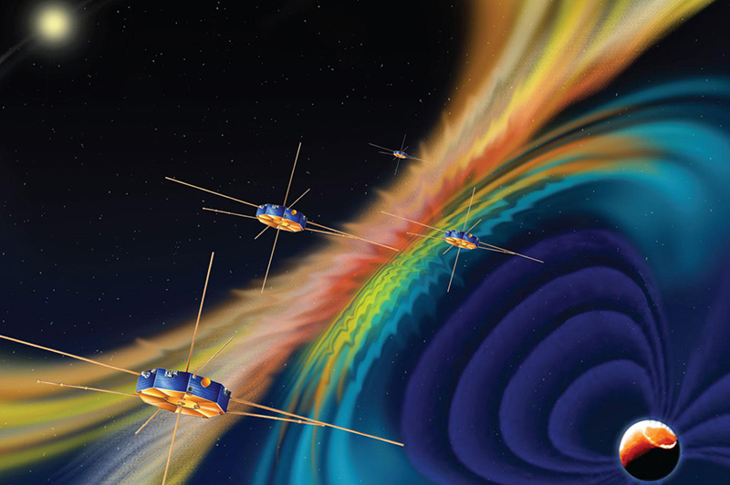 This artist rendition of the Magnetospheric Multiscale Mission (MMS) spacecraft shows the magnetic topology in the background. The solar magnetic field lines (orange-reddish colour) makes contact with the Earth's magnetic field (bluish colour). Where they meet, there is a 'magnetic explosion.' Waves and energized plasma then emanate from the magnetic reconnection zone. Image: NASA.