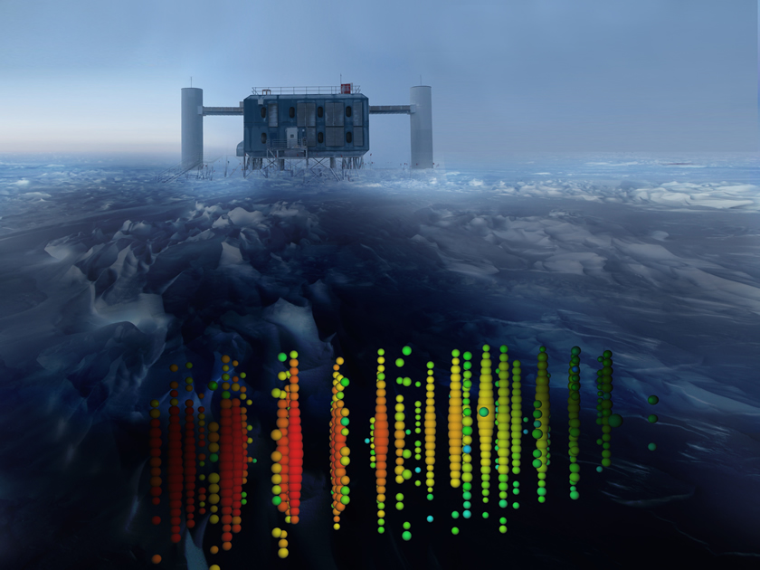 The ICL and a high-energy muon neutrino (day). This image shows one of the highest-energy neutrino events of this study superimposed on a view of the IceCube Lab (ICL) at the South Pole. Credit: IceCube Collaboration.
