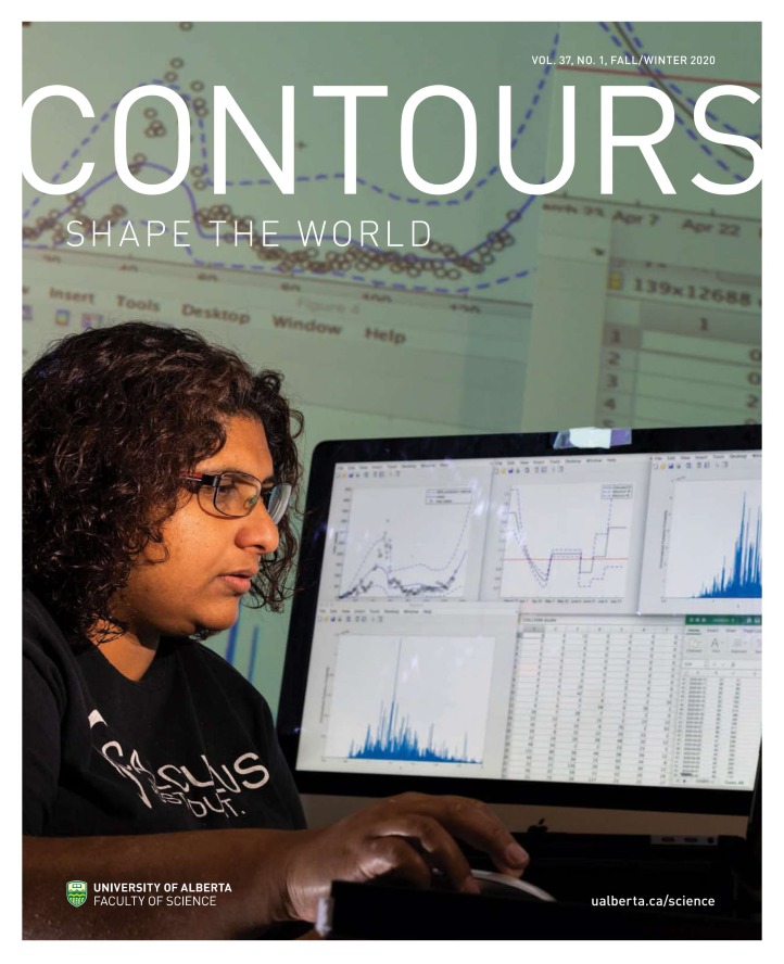 Marie Betsy Varughese (’17 PhD), pictured on the cover of the Fall 2020 issue of Contours magazine.
