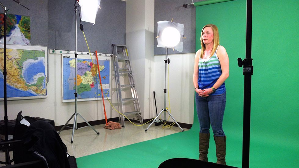 Betsy Kruk takes her screen test in front of the green screen during before primary filming of Dino101 gets underway.