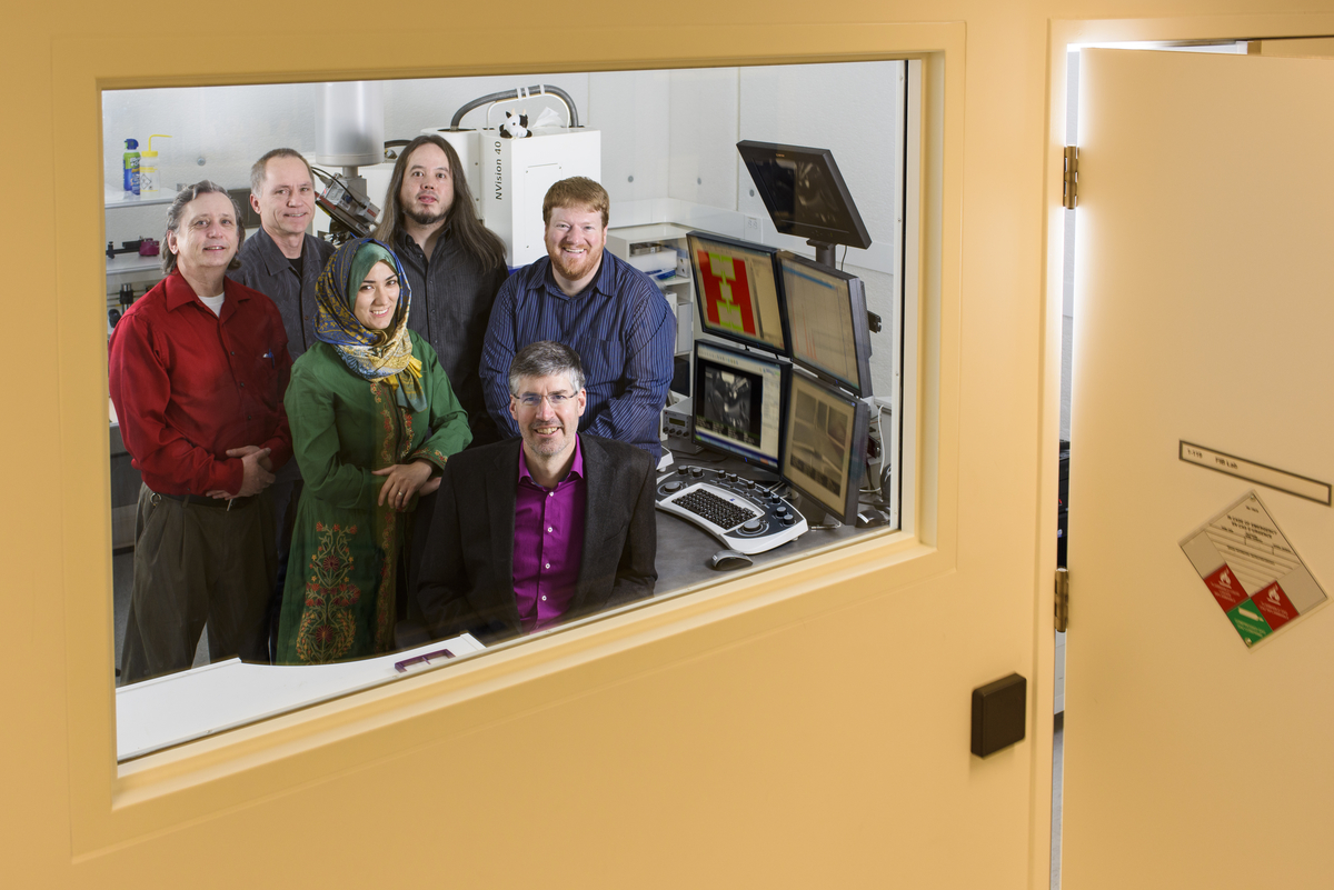 Mark Freeman (seated), Fatemeh Fani Sani (middle row left), Joseph Losby (top right) and team members have discovered a route to lab-on-a-chip technology for magnetic resonance, a tool to simplify advanced magnetic analysis for device development and interdisciplinary science.